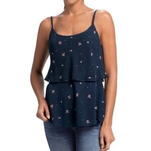 Cabi Navy Blue Tiered Layered Floral Polka Dots Camisole Blouse M